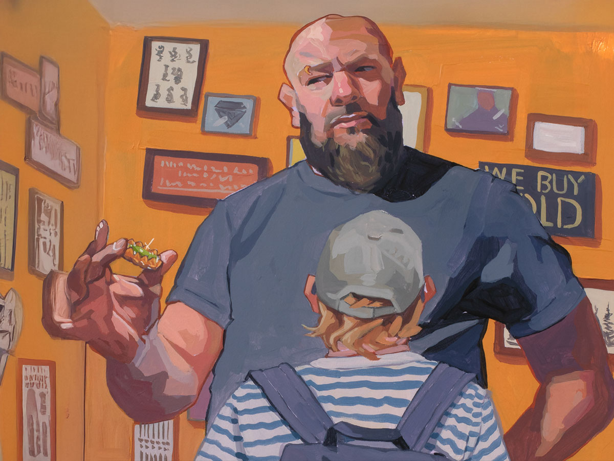 illustration of pawn shop owner questioning boy
